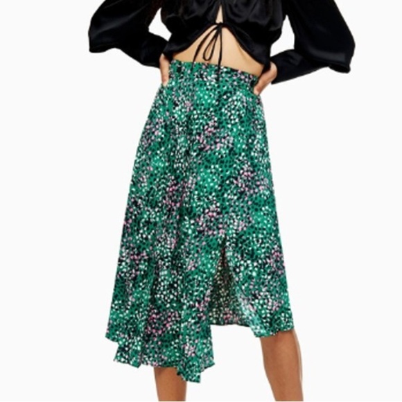 Topshop Green Pink Painted Spot Pleated Asymmetrical Midi Skirt - Picture 1 of 12